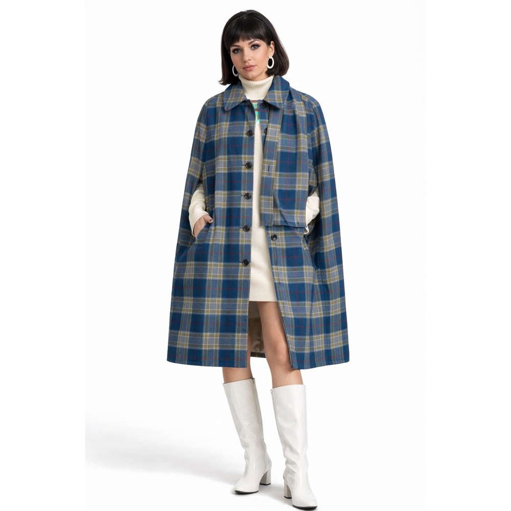 Archie Brown & Son Vintage Blue‎ Plaid 100% Wool Cape Scarf Set Great Britain